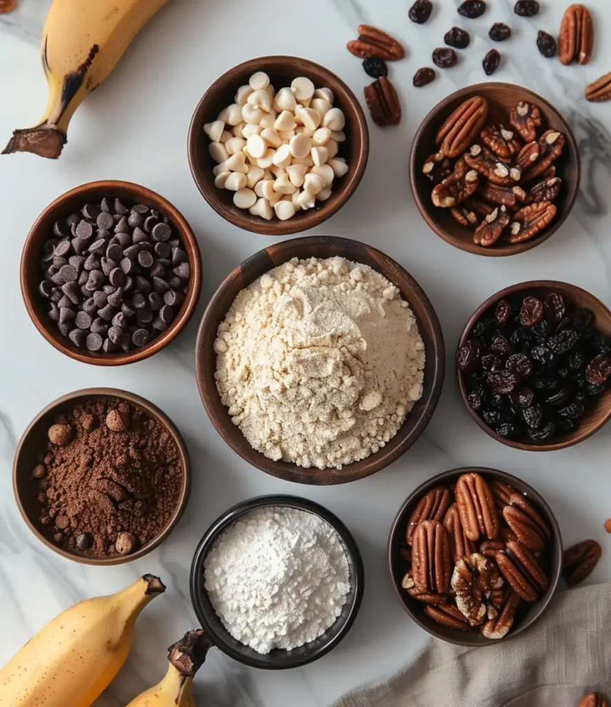 Assorted ingredients for banana bread cookies arranged in wooden bowls on a marble surface, including chocolate chips, white chocolate, pecans, raisins, almond flour, cocoa powder, and ripe bananas.