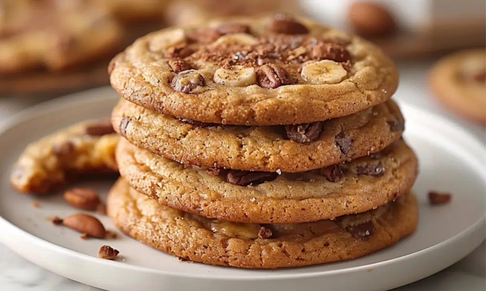 Stack of freshly baked banana bread cookies with chocolate chips and pecans on a white plate, with a bite taken from one in the background