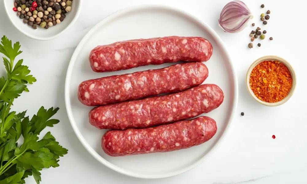 Raw beef sausages on a white plate surrounded by spices and fresh parsley, perfect for easy homemade recipes.