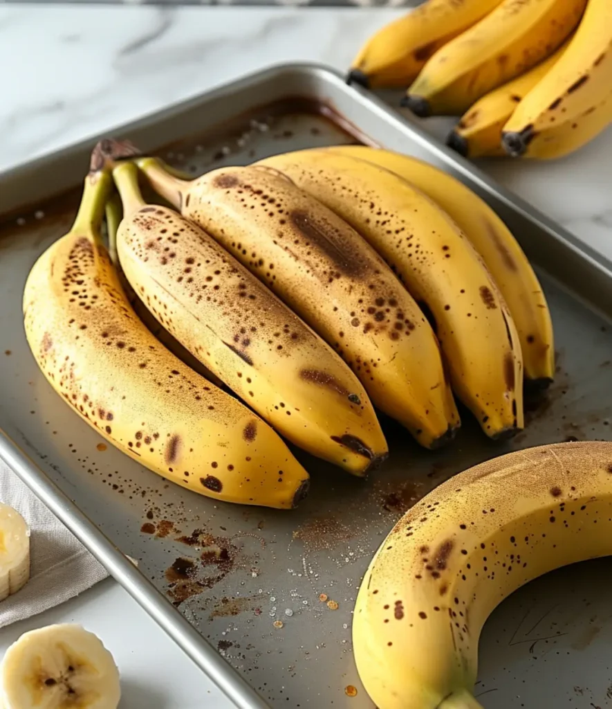 Ripe, speckled bananas on a baking sheet, slightly caramelized from roasting, ideal for making banana bread cookies.