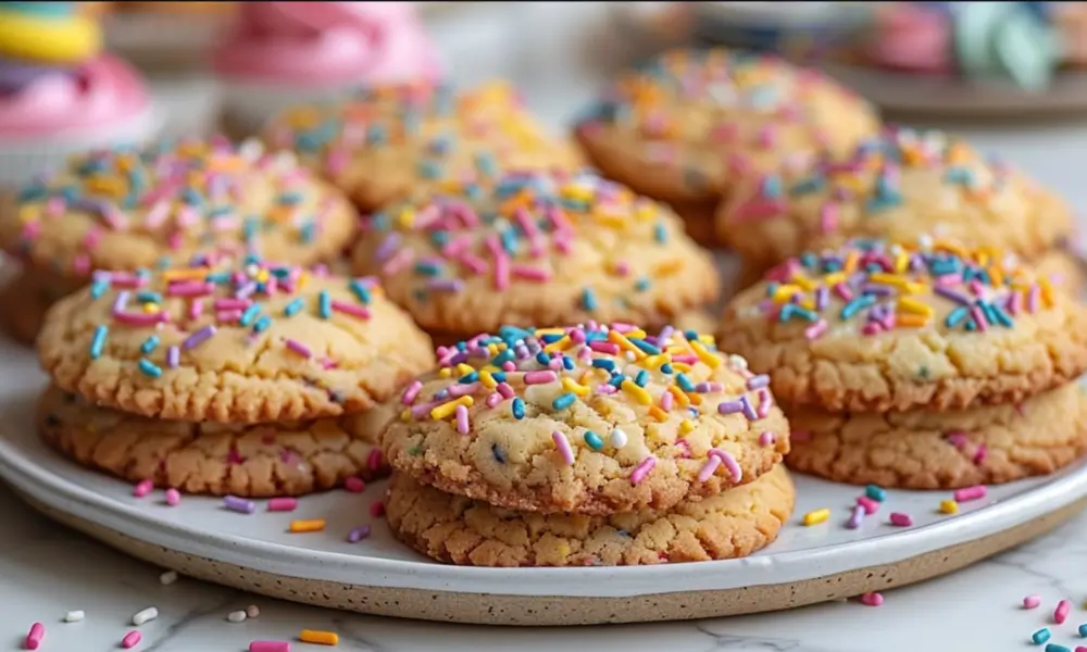 A plate of golden, chewy birthday cookies topped with colorful sprinkles, perfect for celebrations.