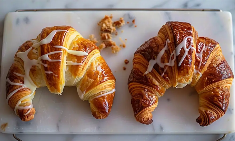 Two golden-brown Gipfeli (Swiss croissants) with flaky layers, drizzled with white icing, resting on a marble board.
