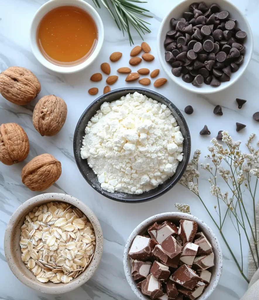 Ingredients for cottage cheese cookie dough including cottage cheese, rolled oats, dark chocolate chips, honey, walnuts, almonds, and chocolate pieces, arranged on a marble surface