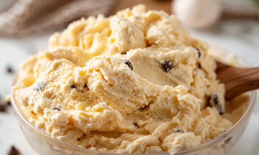 Creamy cottage cheese cookie dough without protein powder mixed with chocolate chips, served in a glass bowl with a wooden spoon