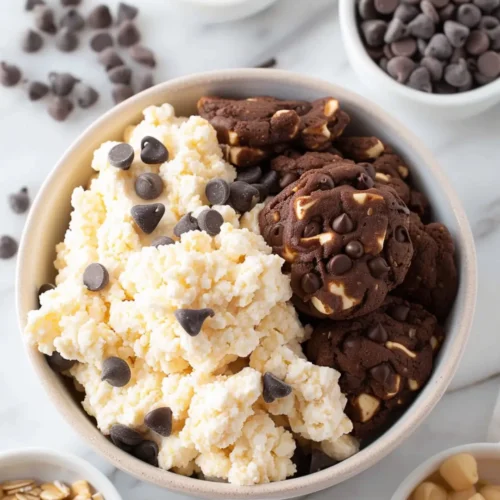 A bowl of creamy cottage cheese cookie dough without protein powder, topped with chocolate chips, served alongside rich double chocolate chip cookies with white chocolate chunks