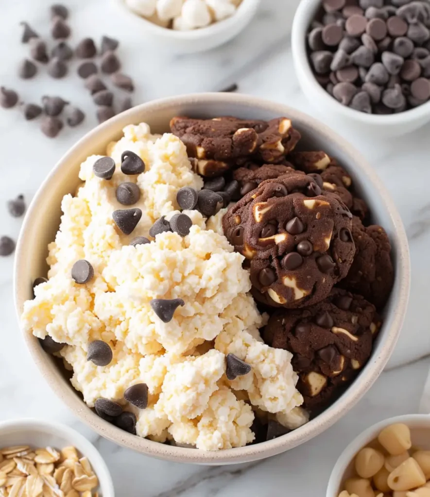A bowl of creamy cottage cheese cookie dough without protein powder, topped with chocolate chips, served alongside rich double chocolate chip cookies with white chocolate chunks