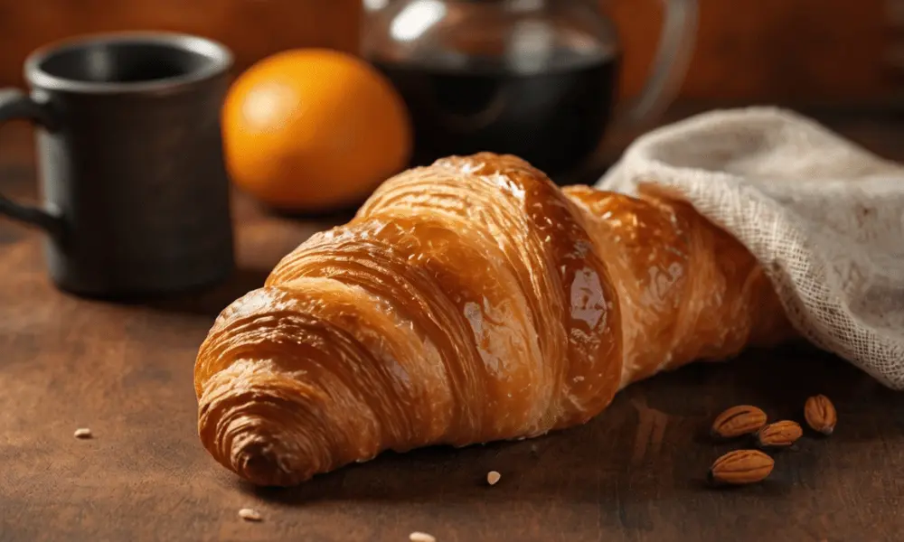 Flaky, golden Gipfeli pastry served with coffee and almonds.