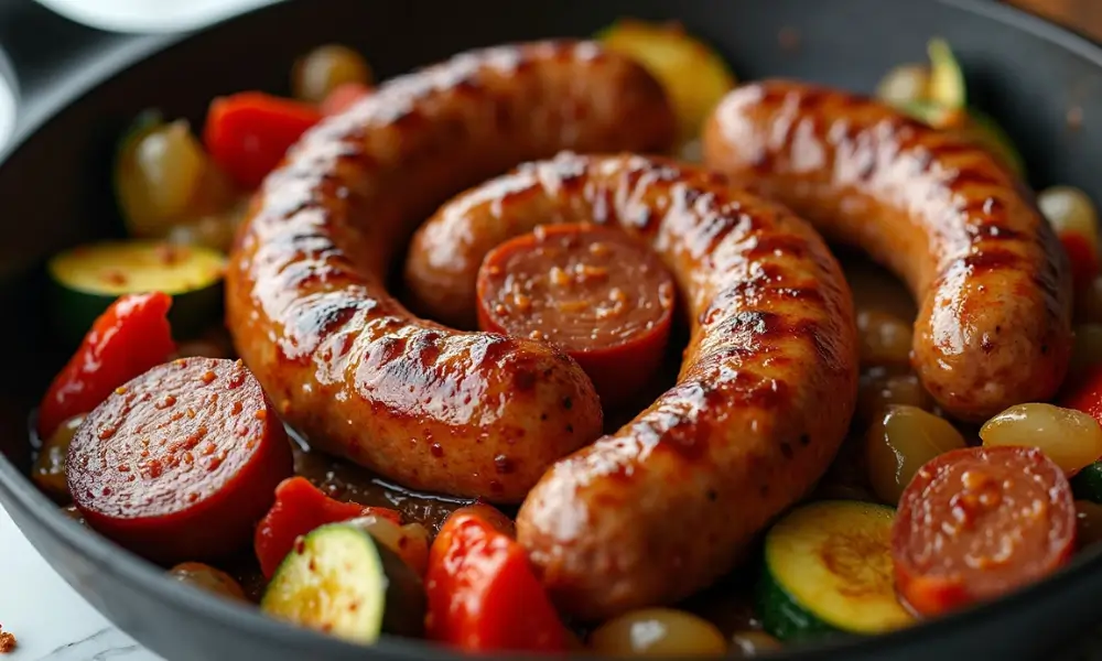 Juicy grilled beef sausages with a glossy caramelized crust, served in a skillet with roasted zucchini, cherry tomatoes, pearl onions, and sliced sausage rounds
