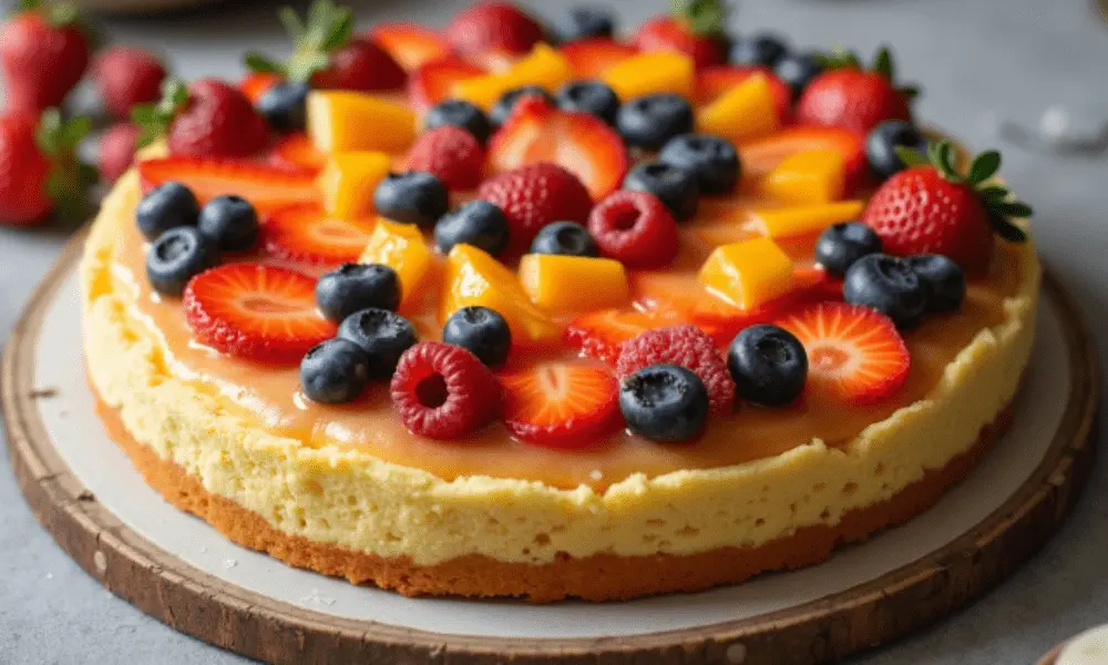 A vibrant kefir sheet cake topped with fresh strawberries, blueberries, raspberries, and mango slices, displayed on a rustic wooden board