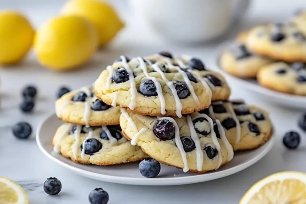 Soft lemon blueberry cookies drizzled with sweet icing, featuring fresh blueberries and a zesty lemon flavor, served on a white plate.