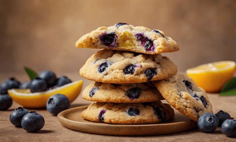 Freshly baked lemon blueberry cookies stacked on a plate with fresh blueberries and lemon slices in the background