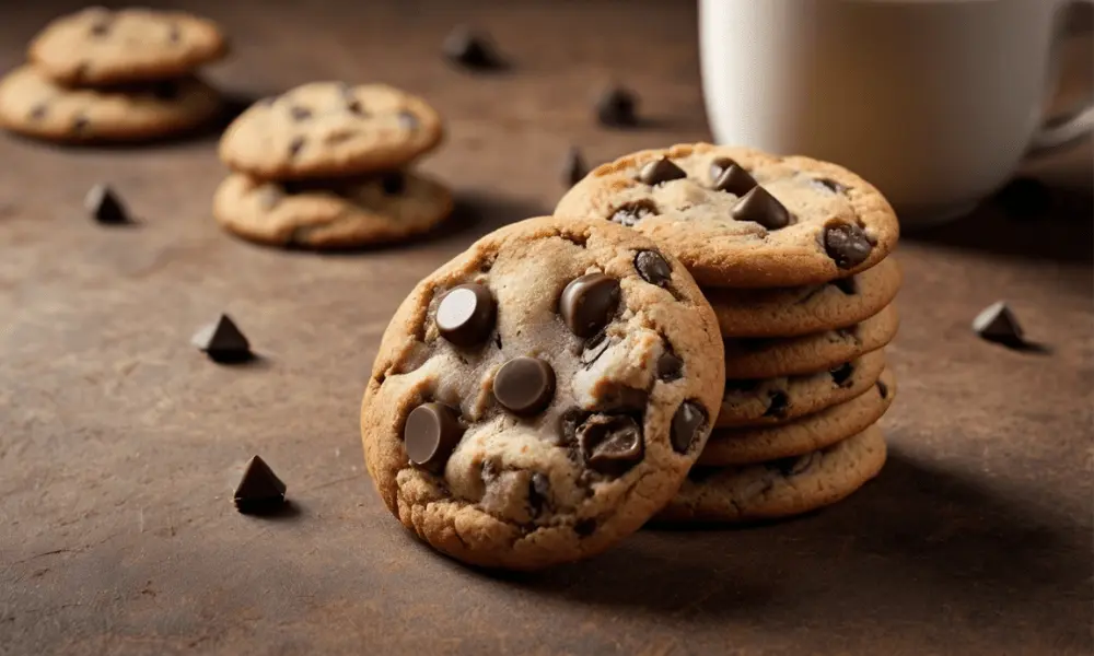 Stack of mini chocolate chip cookies with chocolate chips scattered around and a coffee cup in the background