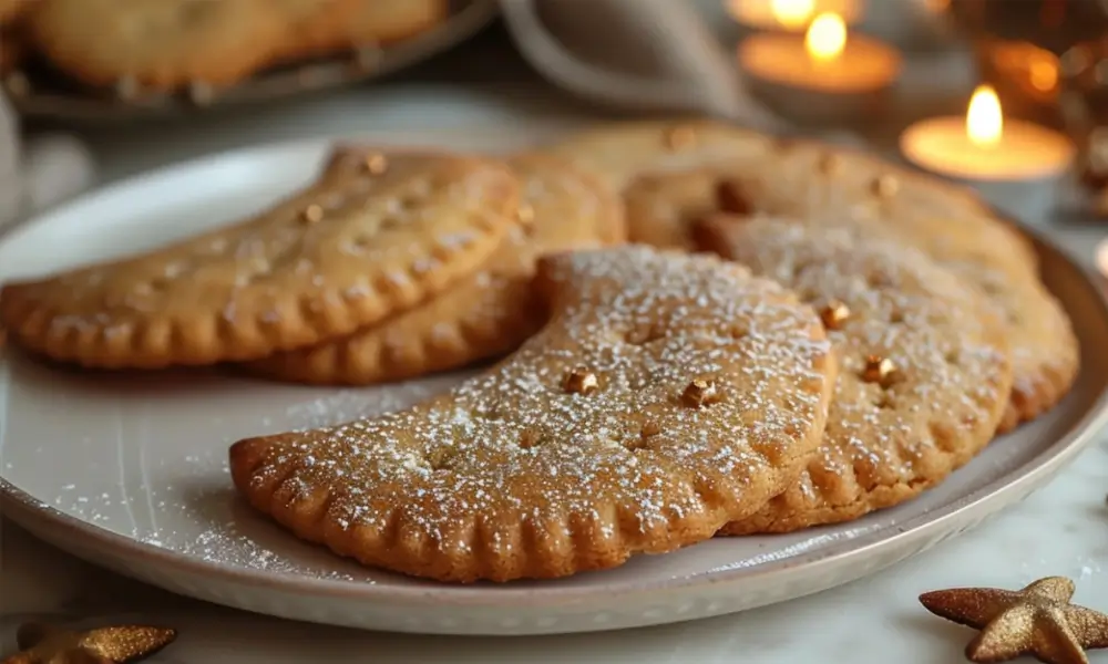 Golden crescent-shaped Moon Spell hand pies dusted with powdered sugar and decorated with edible gold pearls, served on a plate with candlelight in the background.
