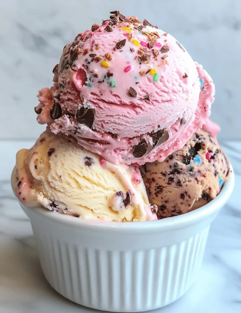 Three scoops of Neapolitan ice cream with chocolate chunks and colorful sprinkles in a white ramekin