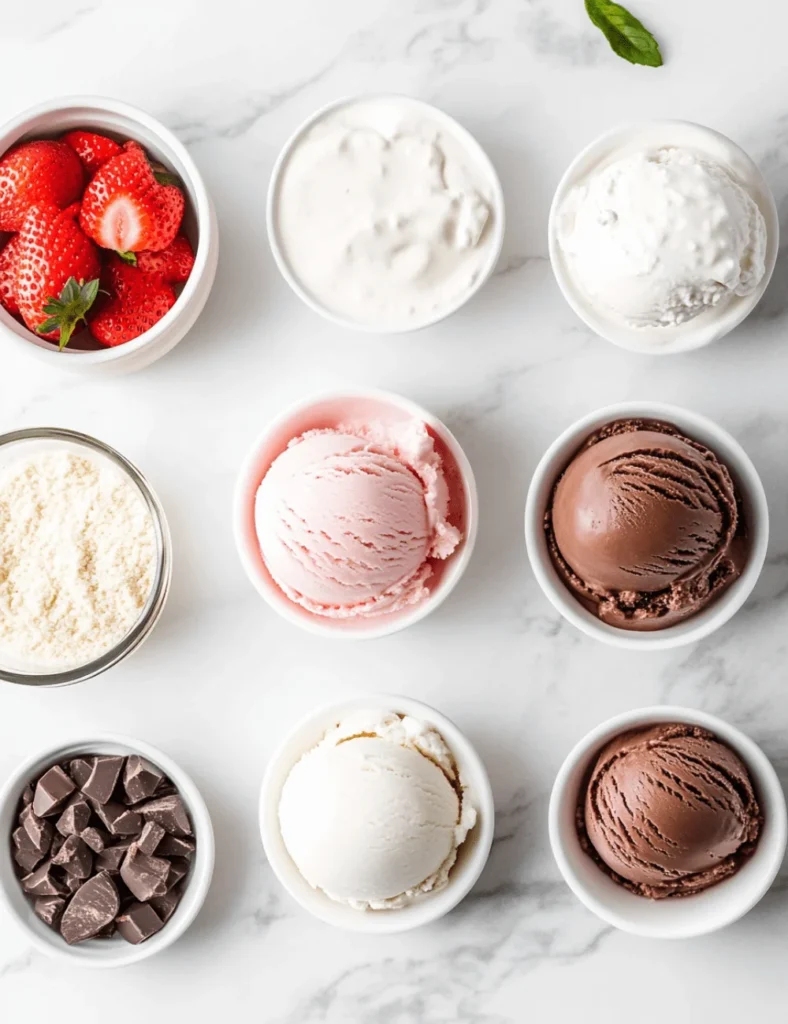 Ingredients and scoops of Neapolitan ice cream, including fresh strawberries, cream, and chocolate chunks in white bowls on a marble countertop