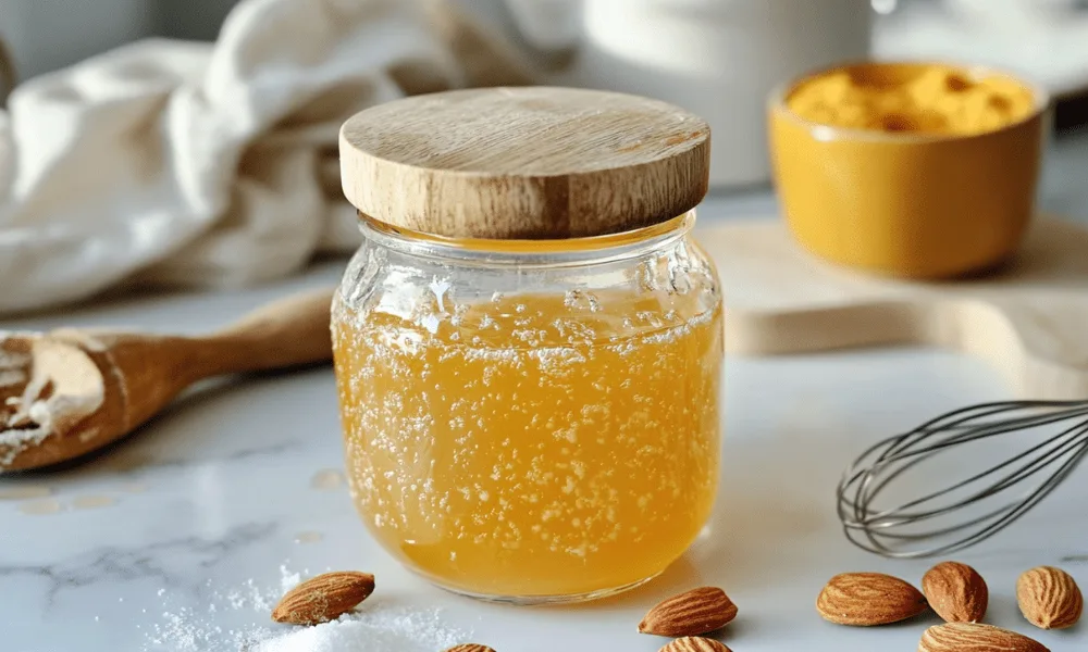 Homemade orgeat syrup substitute in a jar with almonds on a white countertop