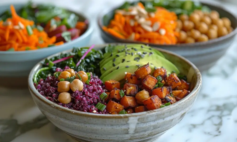 Vibrant quinoa Buddha bowl with roasted sweet potatoes, avocado slices, chickpeas, and fresh greens, garnished with black sesame seeds