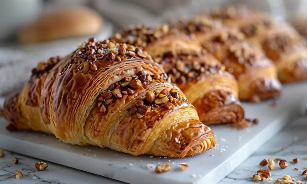 Golden-brown Swiss Nussgipfel croissants topped with caramelized hazelnuts, arranged on a marble board