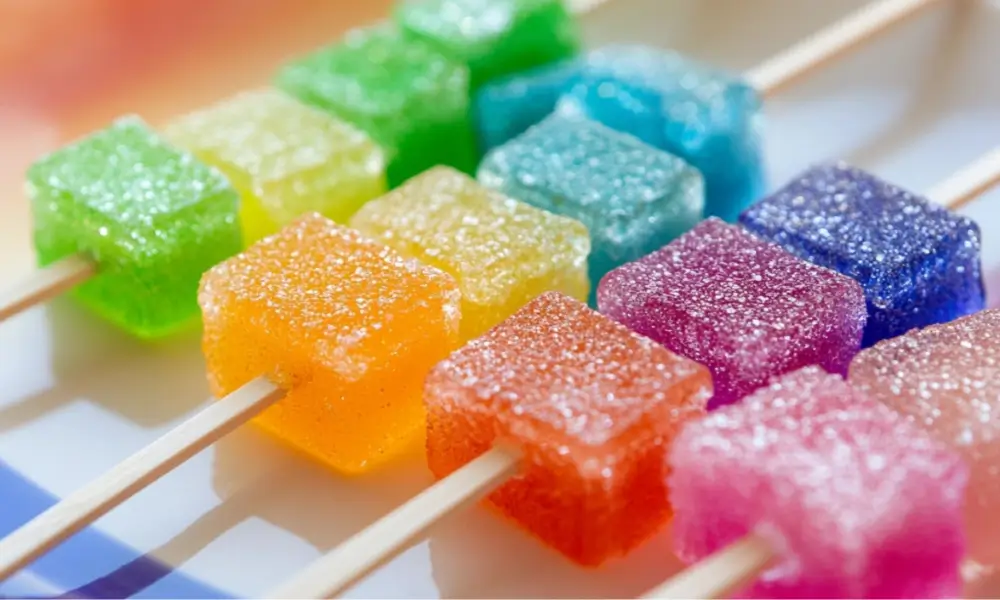 Colorful crystal candy cubes on skewers with a sugary coating, highlighting what crystal candy is made of and its vibrant appearance.