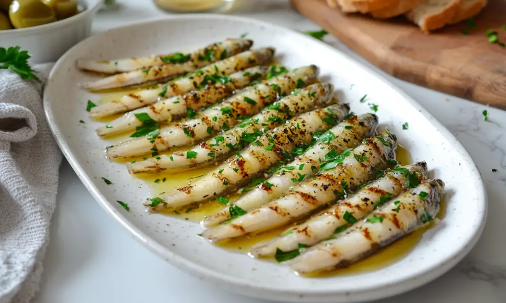 Close-up of freshly marinated boquerones on a white plate garnished with parsley and olive oil