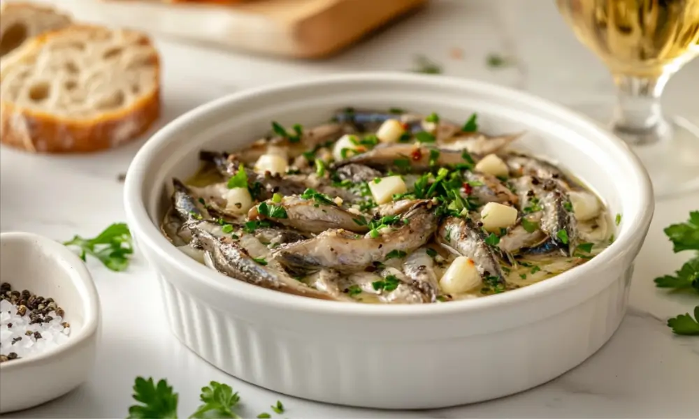 Traditional Spanish boquerones marinated in olive oil with garlic and fresh herbs, served with bread