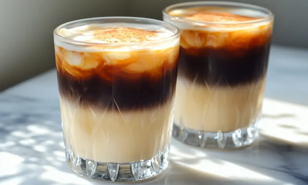 Two beautifully layered breve coffee drinks in clear glasses on a white marble background, showcasing their creamy texture and rich espresso layers.