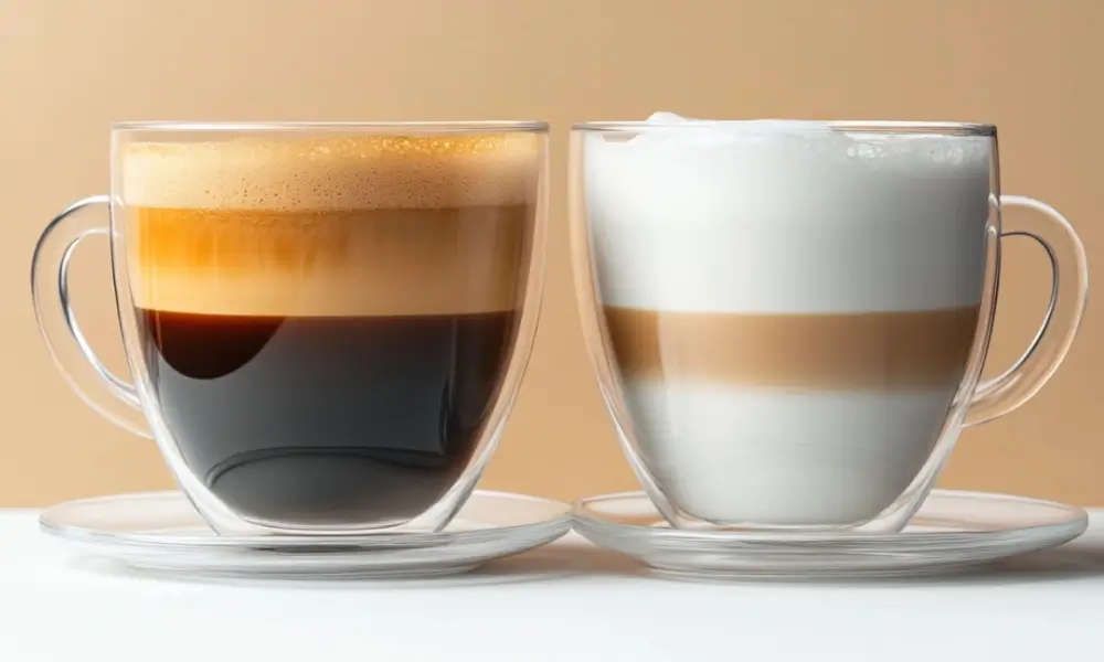 Breve and latte comparison in clear glass cups highlighting layers of foam and milk