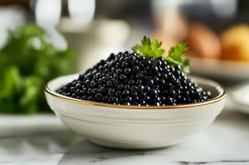 Black caviar in an elegant white bowl garnished with parsley, placed on a marble surface