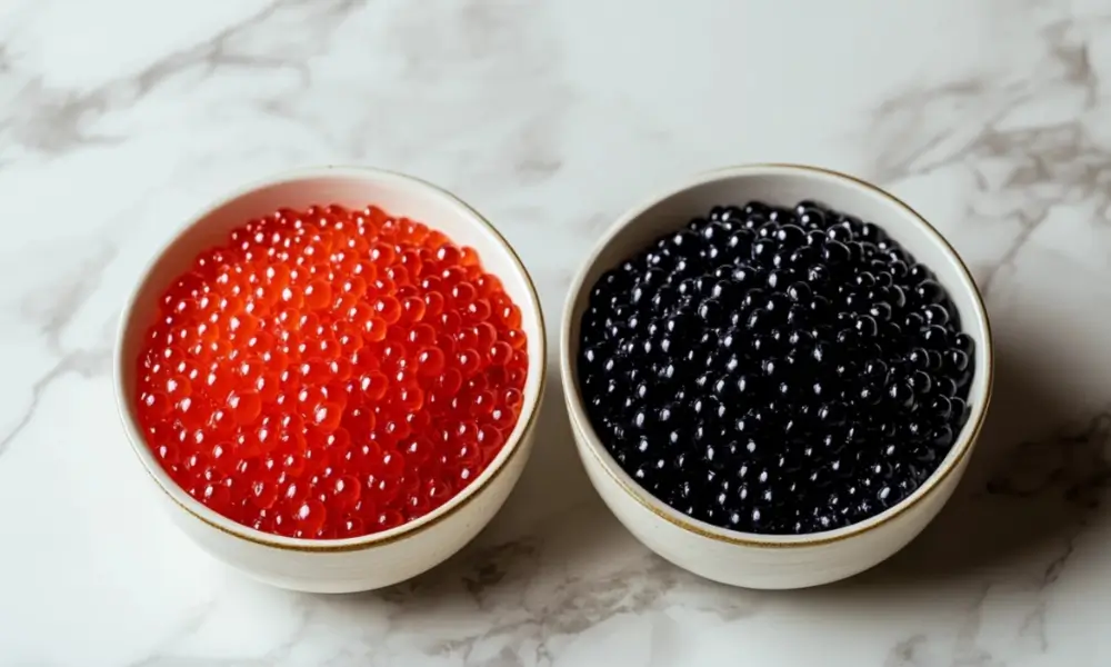 Red Tobiko roe and black caviar side-by-side in white bowls on a marble surface