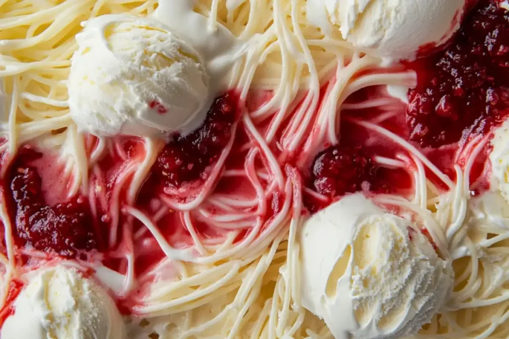 Close-up of spaghetti ice cream with vanilla ice cream strands, creamy scoops, and berry sauce drizzled on top