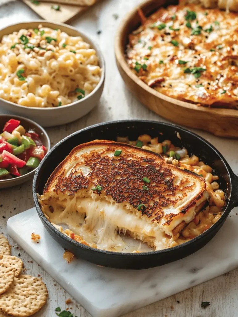 Colby Jack grilled cheese sandwich with melted cheese in a skillet, served alongside creamy mac and cheese, salad, and crackers