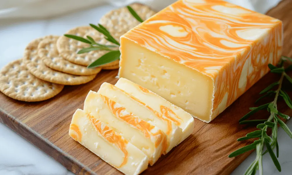 Marbled Colby Jack cheese block with crackers and fresh rosemary on a wooden board