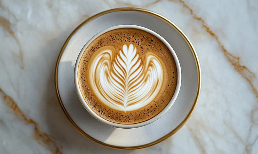 A beautifully crafted breve coffee in a cup with intricate latte art, served on a matching saucer placed on a marble table, highlighting the elegance of this unique coffee drink.