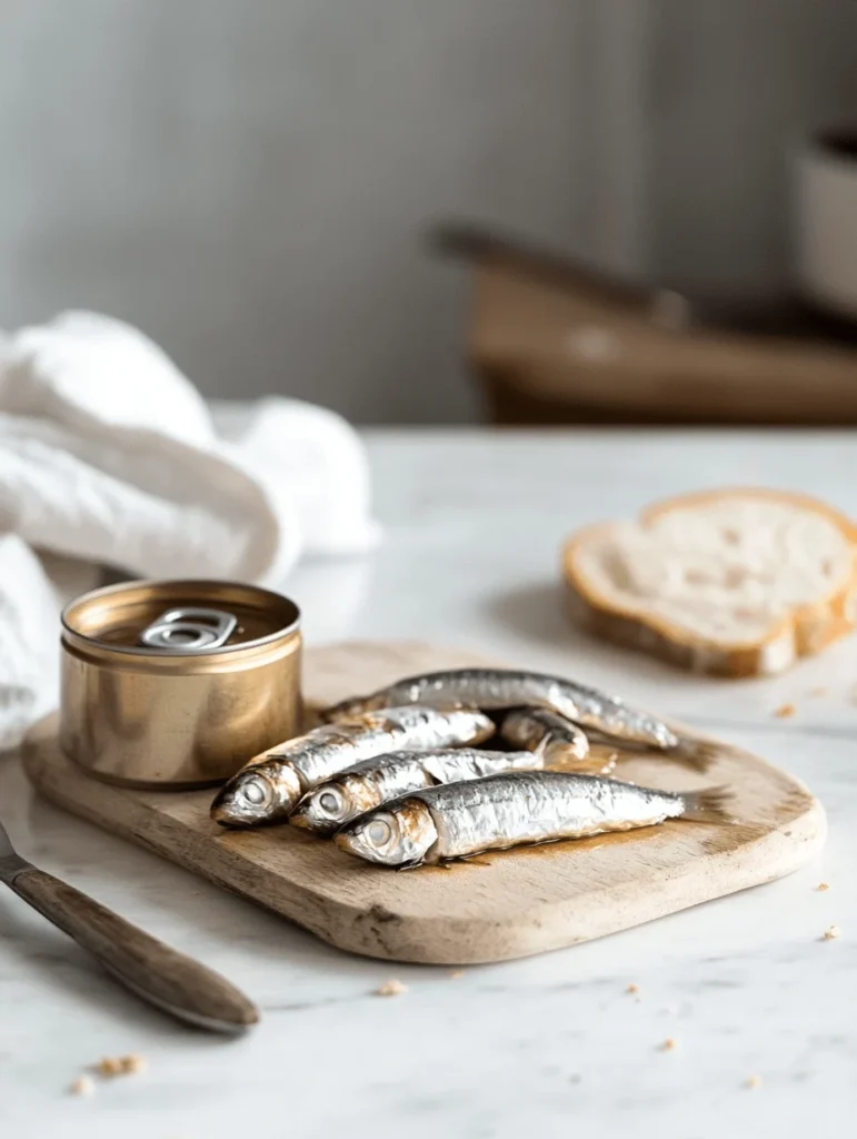 Fresh sardines displayed on a rustic wooden cutting board, accompanied by a golden tin and sliced bread, placed on a marble countertop