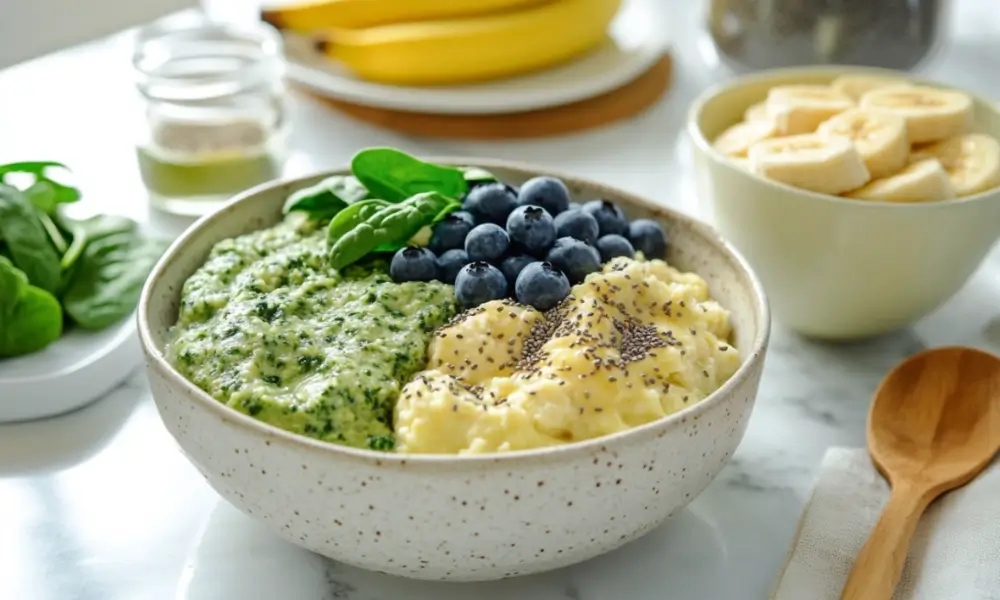 A nutritious IBS-friendly breakfast bowl with creamy spinach oats, blueberries, mashed bananas topped with chia seeds, set on a white marble background.