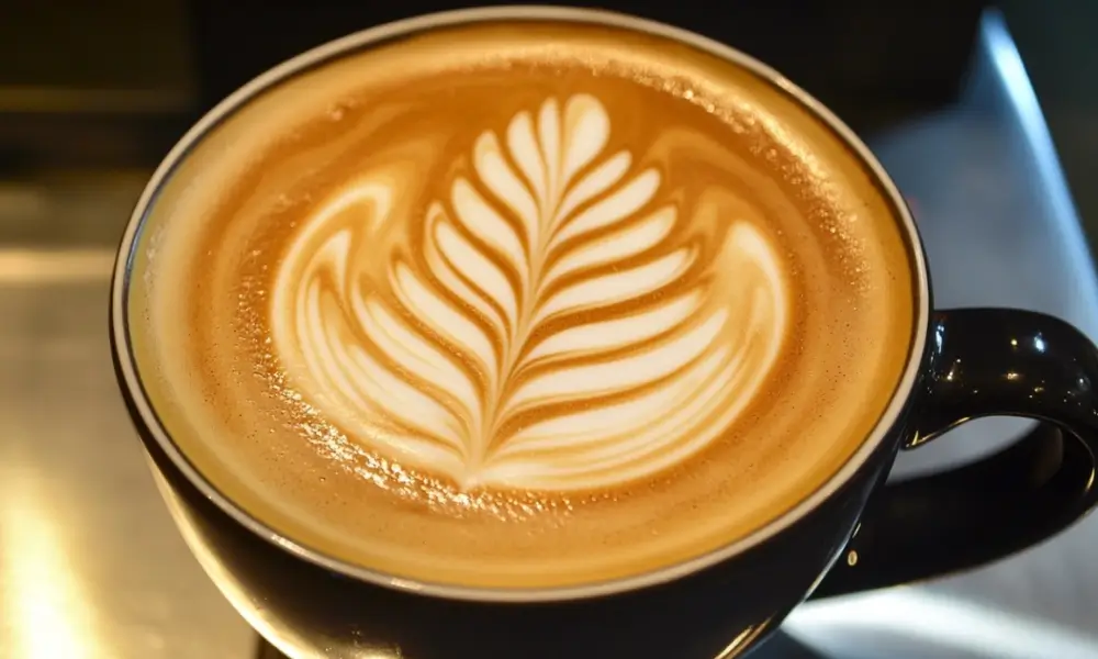 Breve Coffee with a creamy latte art design in a black mug