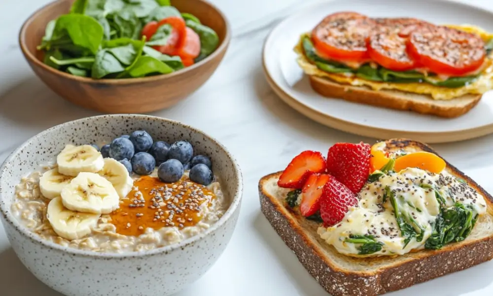 A selection of breakfast foods with low FODMAP ingredients, including oatmeal with bananas and blueberries, a spinach and tomato salad, and toast topped with fresh strawberries and greens