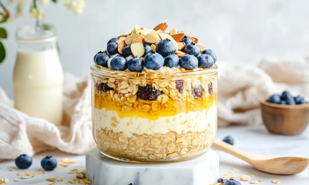 Layered Low FODMAP breakfast parfait with oats, yogurt, honey, blueberries, and almonds in a glass jar, a delicious and gut-friendly recipe