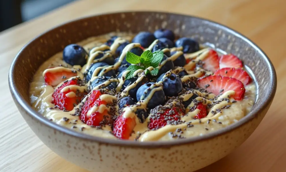 Low FODMAP oatmeal bowl topped with strawberries, blueberries, chia seeds, and a drizzle of peanut butter