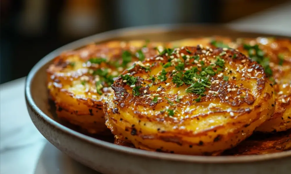 Golden brown potato pancakes garnished with fresh herbs and sesame seeds, perfect for Passover