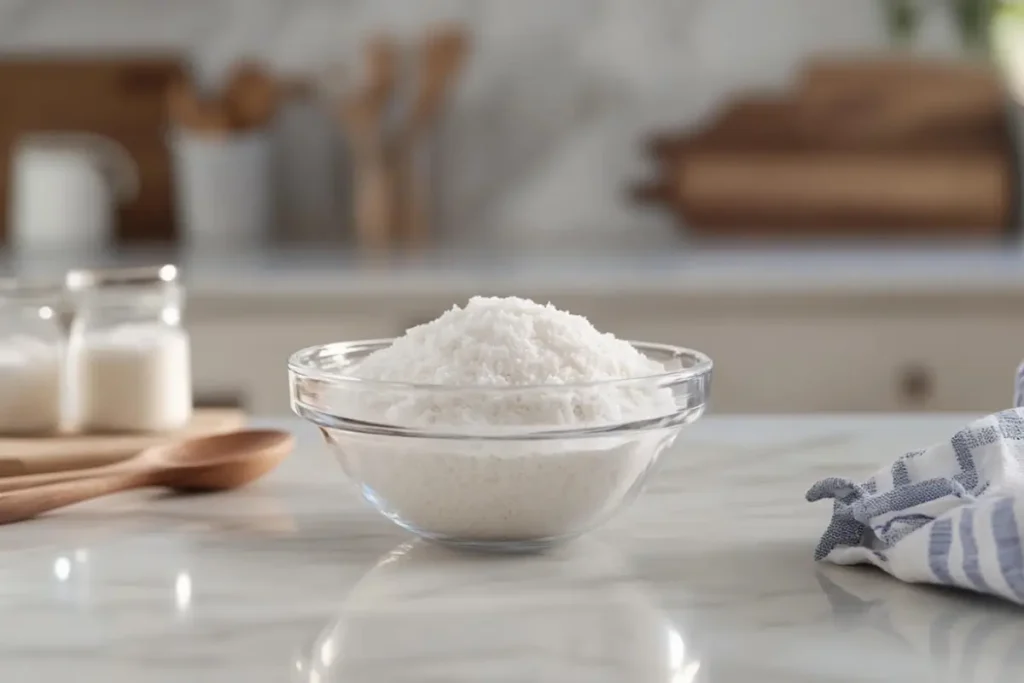 Glass bowl filled with potato starch on a marble kitchen countertop, perfect for Passover recipes