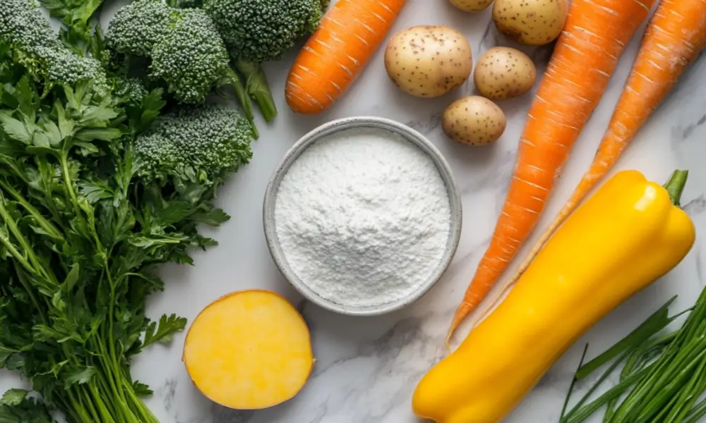 Fresh vegetables and a bowl of potato starch on a marble background, perfect for Passover cooking