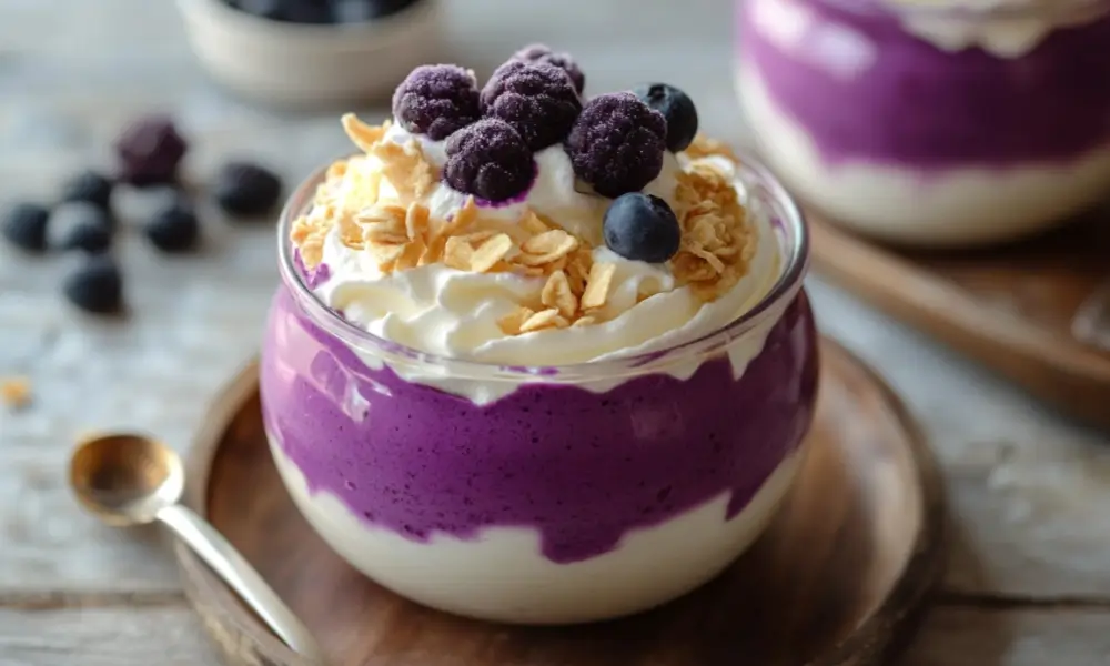 Purple sweet potato yogurt parfait with granola and berries – a quick and healthy snack idea
