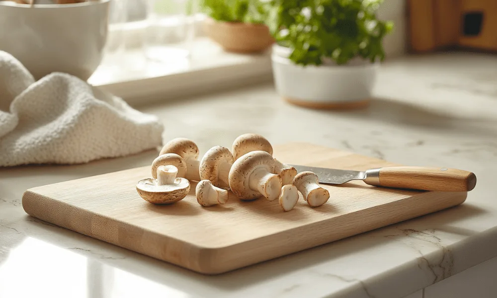 A close-up of fresh raw baby Bella mushrooms on a wooden cutting board in a casual kitchen setting, showcasing their natural texture and vibrant color