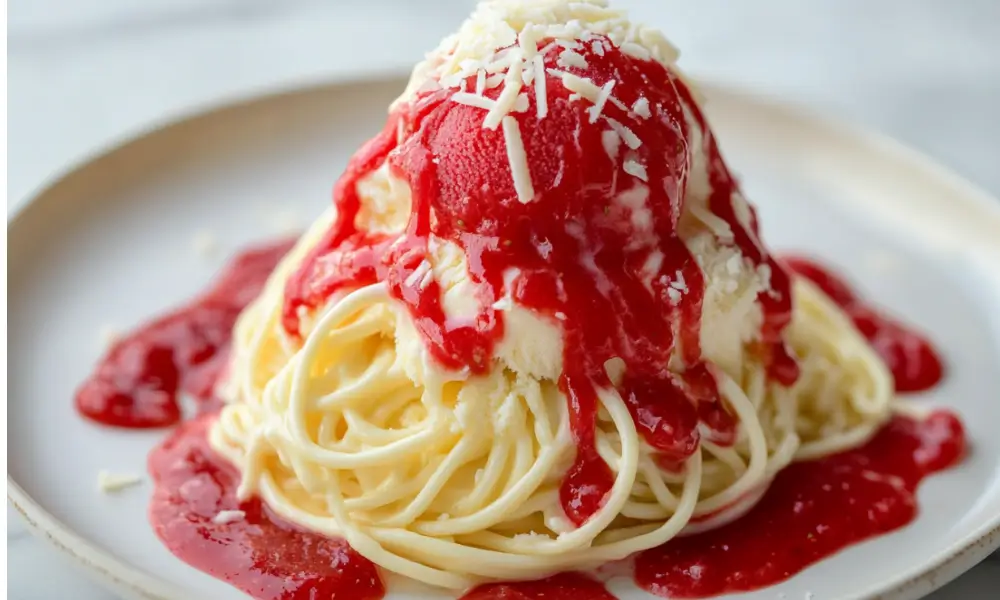 Close-up of spaghetti ice cream with vanilla ice cream shaped like pasta, strawberry sauce, and white chocolate shavings on a white plate.