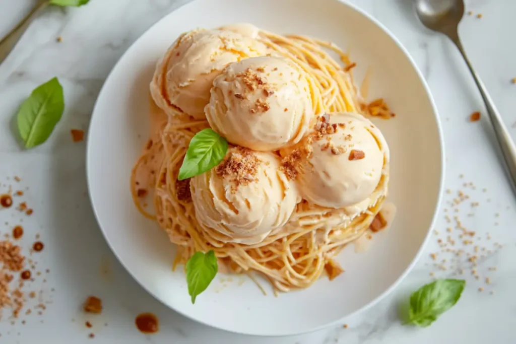 Spaghetti ice cream dessert with vanilla ice cream scoops on spaghetti-shaped strands, topped with crushed nuts and garnished with fresh basil leaves, served in a white bowl.