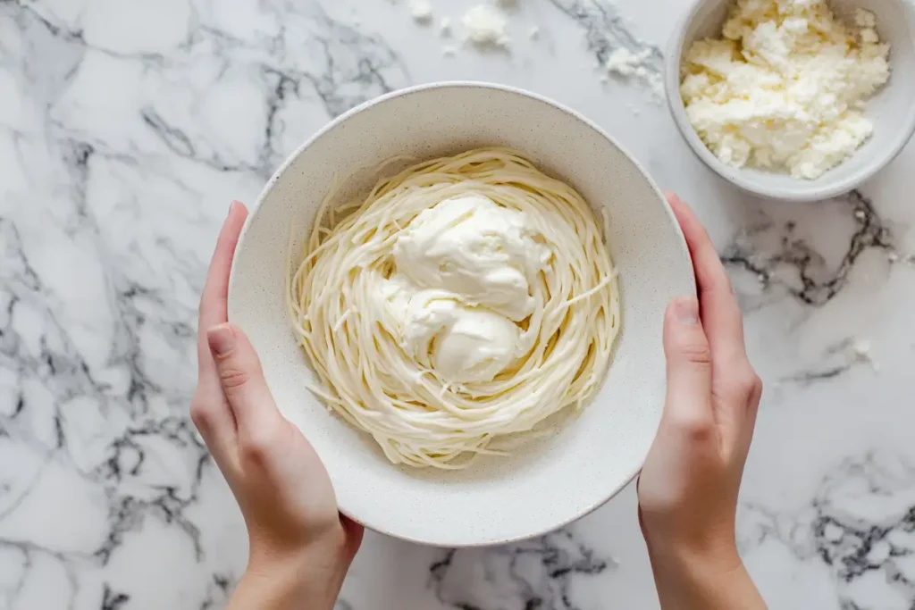 Hands holding a bowl of spaghetti-shaped vanilla ice cream strands with grated white chocolate on a marble background