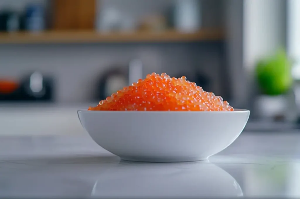 Fresh Tobiko roe in a white bowl on a marble countertop with a blurred kitchen background
