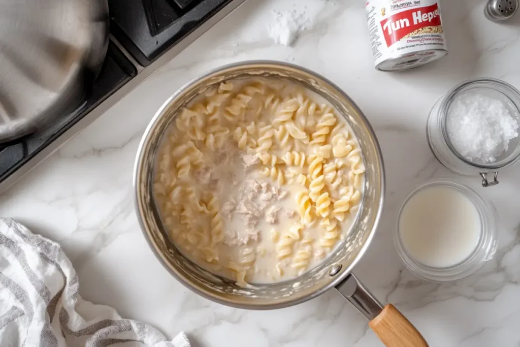 Cooking Tuna Helper Creamy Pasta in a saucepan on a marble countertop, showing rotini pasta simmering in a creamy white sauce with chunks of tuna, accompanied by salt, milk, and a tuna helper can.