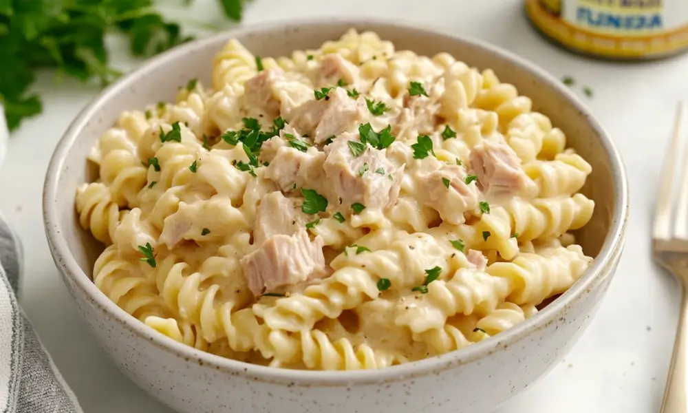 Close-up of a bowl of creamy tuna pasta made with spiral rotini, garnished with fresh parsley, served in a white ceramic bowl on a marble countertop